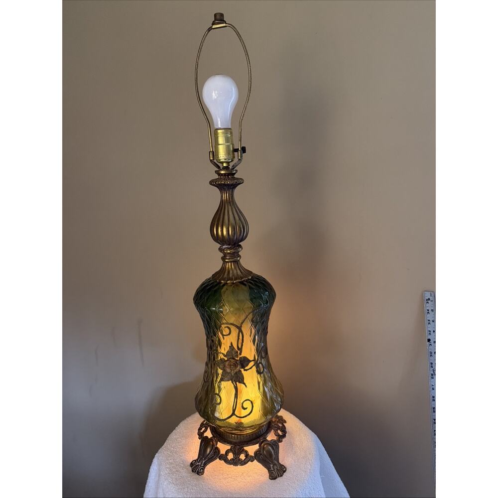 Table Lamp Green Diamond Glass Hollywood Regency MCM Antique Rose Tokyo Japan - Picture 2 of 16